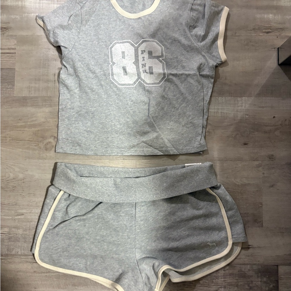 Gray Ringer Crop Top & Shorts Set with Cream Trim